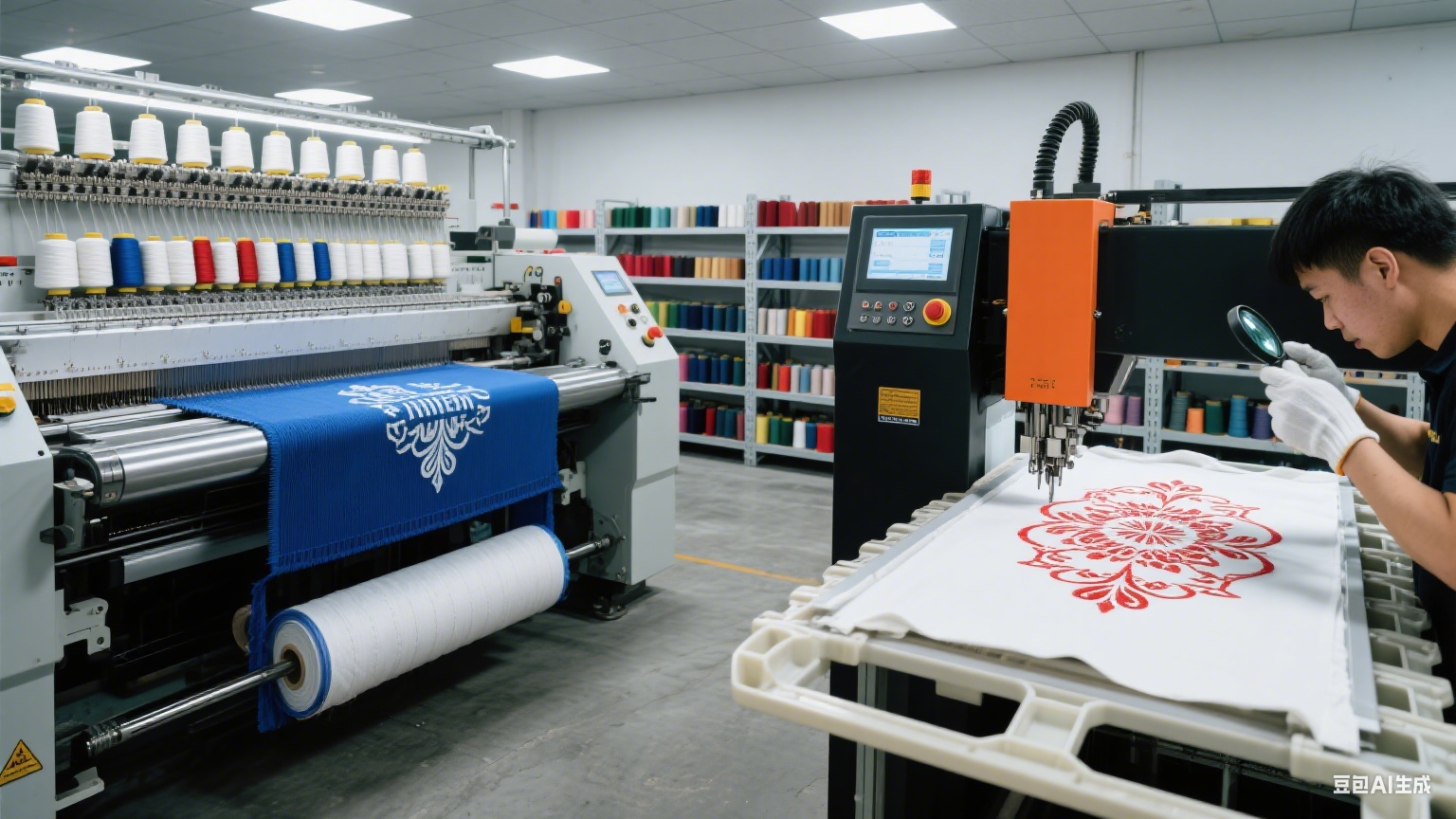 Production workshop with weaving and embroidery machines creating clothing labels